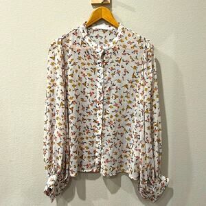 Floral Matallic Threaded Sheer Billow Sleeve Blouse | Size M